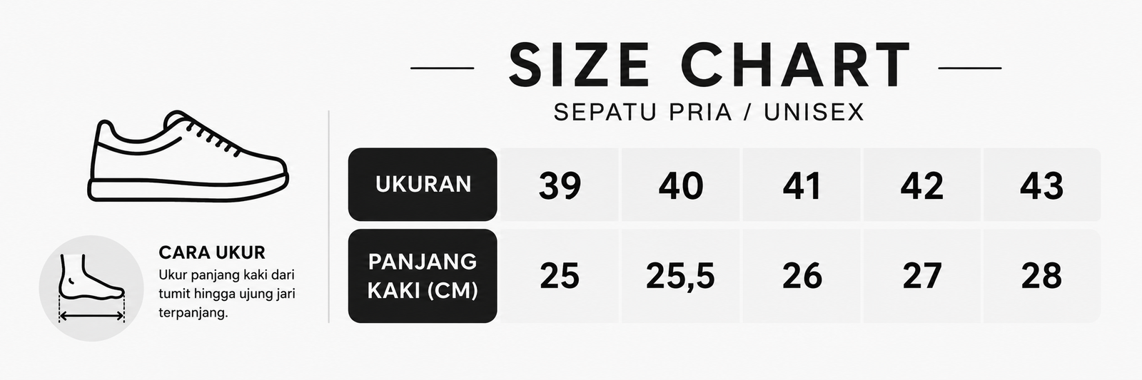 Panduan ukuran Sepatu Bustong Pria Kulit Sintetis M-05 Slop