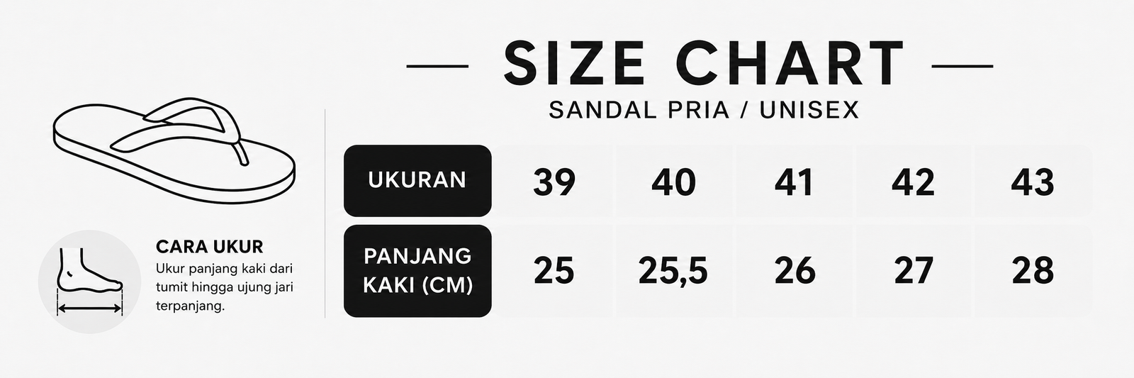 Panduan ukuran Sandal Pria Japit Casual F-05