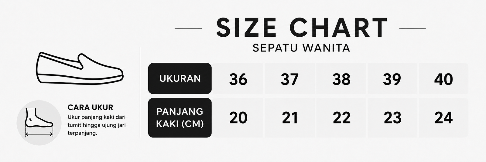 Panduan ukuran Sepatu Formal Wanita Pantofel PS-02 Paskibra